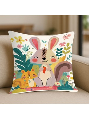 Tavşan Desenli Kırlent Kılıfı – 43X43 Cm, Çift Taraflı, Fermuarlı, Yıkanabilir