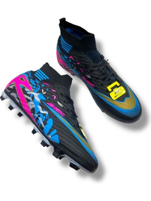 Çoraplı Unisex Krampon Halısaha & Çimsaha Ayakkabı Siyah Fuşya Desenli