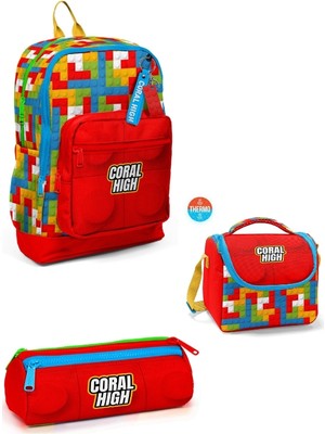 Coral High Renkli Blok Desenli 3’lü Okul Çanta Seti