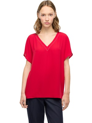 Kırmızı Ametist Rahat Kalıp V-Yaka Bluz