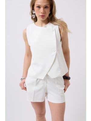 Yandan Düğmeli Dokuma Beyaz Yelek