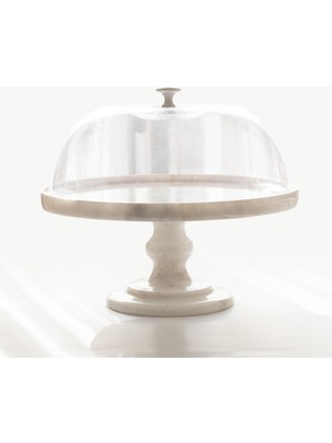 Gaia 32CM Mermer Ultra Geniş ve Ayaklı Kek & Pasta Sunumluğu - Mermer Kek Standı - Plastik Fanus Dahildir - Beyaz Kek Fanusu, Siyah Kek Fanusu, Mermer Kek Fanusu - Lüks Pasta Fanusu