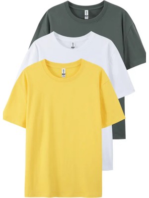 Tarz Cool Füme Beyaz Sarı  3'lü Basic Bisiklet Yaka T-Shirt