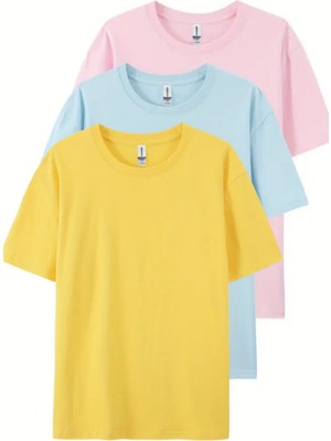 Tarz Cool Pembe Bebe Mavi Sarı  3'lü Basic Bisiklet Yaka T-Shirt