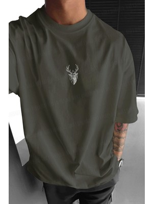 Erkek Haki Geyik Baskılı Oversize Fit Bol Geniş Kalıp Salaş Kesim T-Shirt