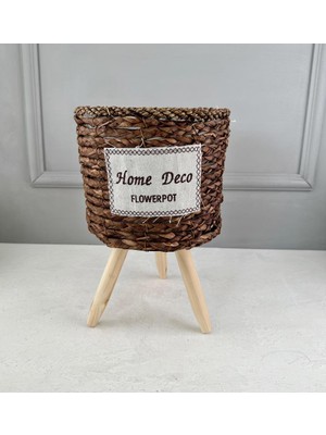 Ayaklı Hasır Sepet Saksı Kücük Koyu Kahve