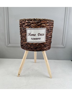 Ayaklı Hasır Sepet Saksı Büyük Koyu Kahve