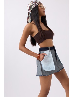 Ters Detay Denim Mini Mavi Etek