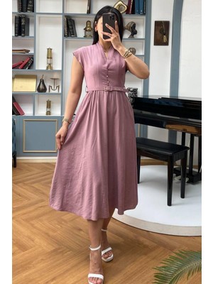 Gül Kurusu Kısa Kollu Midi Boy Kadın Elbise MG2497
