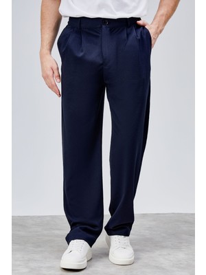 Erkek Lacivert Çift Pileli Rahat Kesim Beli Lastikli Bol Paça Baggy Pantolon ALBERT-1989