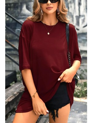 Teenage Millionaire Kadın Bordo Basic Düz Baskısız Oversize Salas T-Shirt