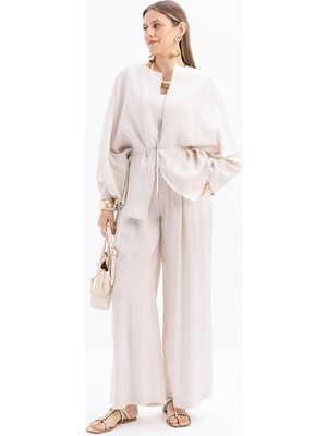 ALLDAY Taş Renkli Bağcıklı Modal Kimono Kadınlar İçin Rahat Dokuma Kumaş Sezon Trendi