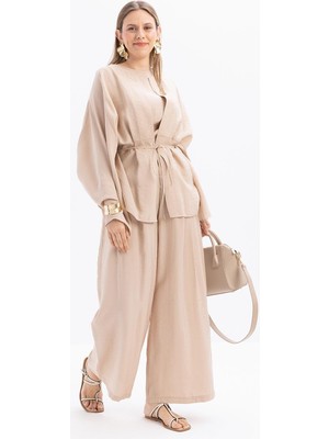 Bej-Belden Bağcıklı Modal Kimono