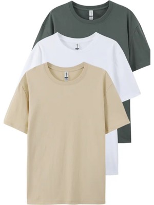 Tarz Cool Füme Beyaz Krem  3'lü Basic Bisiklet Yaka T-Shirt