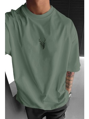 Millionaire Erkek Açık Yeşil Geyik Baskılı Oversize Fit Bol Geniş Kalıp Salaş Kesim T-Shirt
