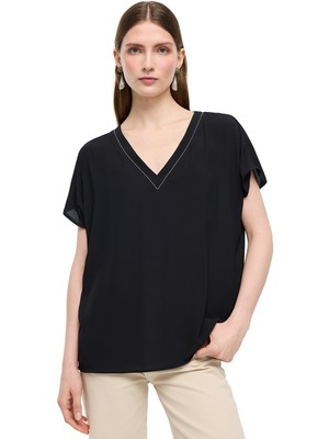 Siyah Ametist Rahat Kalıp V-Yaka Bluz