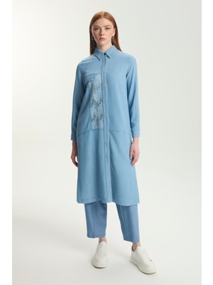 Gizli Düğme Detaylı Pullu Uzun Denim Tunik