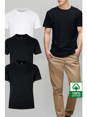 Tarz Cool Beyaz Siyah Siyah  3'lü Basic Bisiklet Yaka T-Shirt