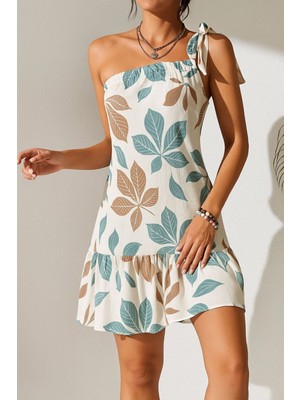 Kadın Açık Mavi-Beyaz Çiçek Desenli Tek Omuz Bağlamalı Fırfırlı Krinkıl Elbise