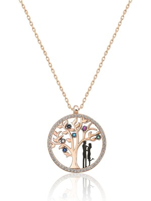 Kadın Hayat Ağacı Renkli Nano Zirkon Taşlı Rose Gold Kaplama 925 Ayar Gümüş Kolye
