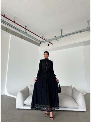 Ithal Tül Kumaş Dantel Detaylı Astarlı Elbise(Kuşak Dahildir)