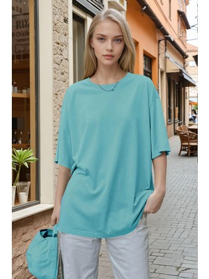 Kadın Mint Yeşili Basic Düz Baskısız Oversize Salas T-Shirt