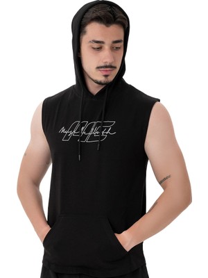 Erkekler için Musclecloth Icon Kapüşonlu Kolsuz T-Shirt Siyah Rahat Kesim ve Dinamik Tasarım