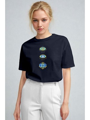 Millionaire Kadın Lacivert Regular Nazar Göz Baskı Fit Normal Kalıp T-Shirt