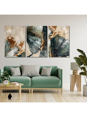 3'lü Kanvas Salon Tablosu Seti Kremrengi Koyu Yeşil Soyut Desen