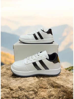 Beyaz-Siyah Iki Bantlı Unisex Günlük Hafif Taban Sneaker Spor Ayakkabı