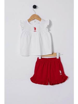 U.S. Polo Assn. Kız Bebek 2li Takım - Beyaz ve Kırmızı Renkli Şortlu Set