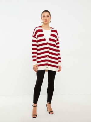 Kırmızı V Yaka Çizgili Uzun Kollu Kadın Triko Hırka