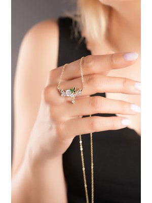 925 Ayar Gümüş , Gold Kaplamalı Pırlanta Taşlı Yeşil Mineli Tasarım Kelebek Kolye