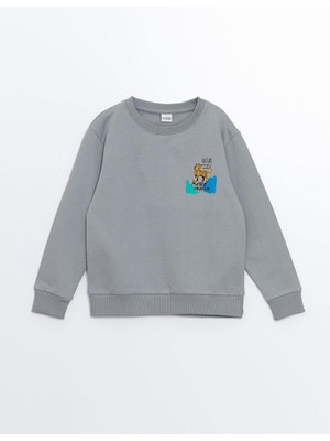 Kids Gri Bisiklet Yaka Baskılı Uzun Kollu Erkek Çocuk Sweatshirt