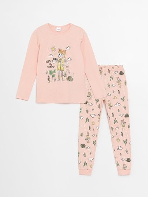 Bisiklet Yaka Baskılı Uzun Kollu Kız Çocuk Pijama Takımı  (S4)
