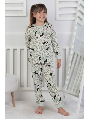 Isob Yeşil Minnie Mause Desenli %100 Pamuk Kız Çocuk Pijama Takımı 3-8 Yaş 51208-Y