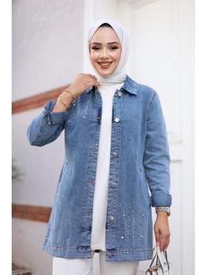 Kadın Taş Işlemeli Denim Kot Ceket