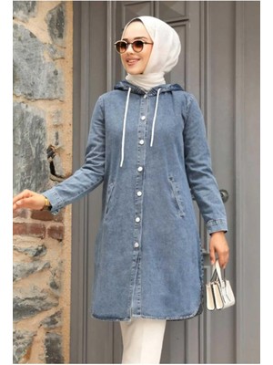 Harman Butik Kadın Kapüşonlu Kot Ceket Normal Yaka Dokuma Cepli Günlük Kullanım