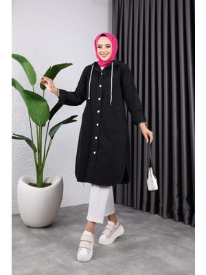 Harman Butik Kadın Kapüşonlu Uzun Kot Ceket Dokuma Kumaşla Günlük Kullanım İçin Rahat ve Şık