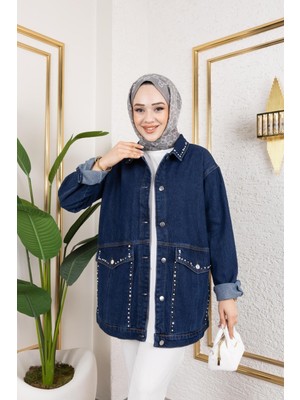 Kadın Cepli Taş Işleme Detaylı Denim Kot Ceket