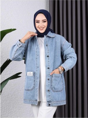 Harman Butik Kadın Cepli Düğmeli Kot Ceket Dokuma Kumaşla Günlük Kullanım İçin Rahat Tasarım