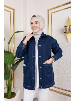 Harman Butik Kadın Cepli Düğmeli Kot Ceket Lacivert Normal Yaka Dokuma Kumaş ile Günlük Kullanım İçin