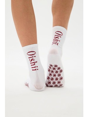 Oishii Yoga Soket Çorap Yarım Havlu Dikyazı Bordo Desen Beyaz