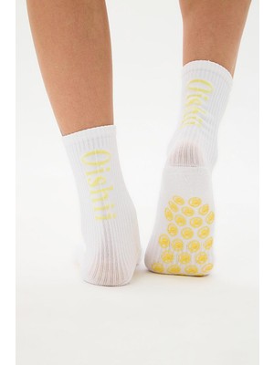 Oishii Yoga Soket Çorap Yarım Havlu Dikyazı Sarı Desen Beyaz