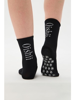 Oishii Yoga Soket Çorap Yarım Havlu Dikyazı Desen Siyah