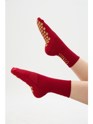 Oishii Yoga Soket Çorap Yarım Havlu Dikyazı Desen Kırmızı