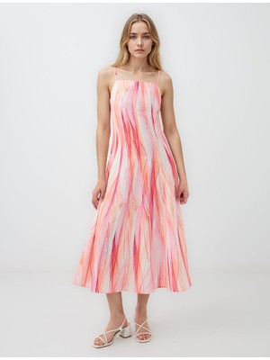 Jimmy Key Pembe Kare Yaka Desenli Keten Karışımlı Midi Elbise