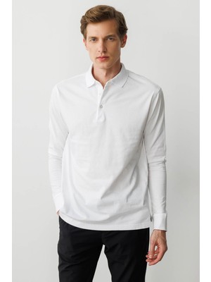 Erkek Polo Yaka Uzun Kollu Sweatshirt Beyaz