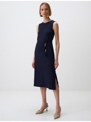 Jimmy Key Lacivert Yuvarlak Yaka Kemer Detaylı Kolsuz Midi Elbise