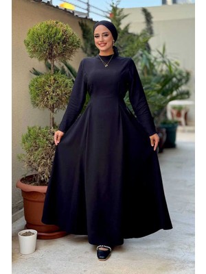 Bel Kuşaklı Kol Fermuar Detaylı Elbise 6041 Siyah